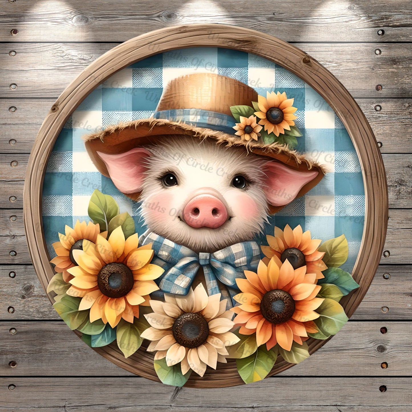 Farm Pig, Sunflowers, Piglet, Cute, Plaid, Faux Wood, Round, Lightweight, Metal Wreath Sign, No Holes In Sign