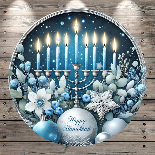 Happy Hanukkah, Menorah, Blue, Silver, Round, Light Weight, Metal Wreath Sign, No Holes In Sign