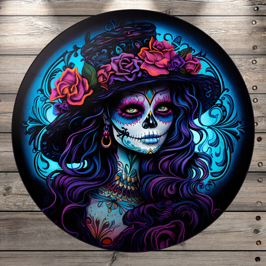 Dia De Los Muertos, Day of The Dead, Sugar Skull, Round UV Coated, Metal Sign, No Holes