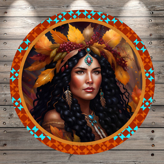 Fall, Native American, Tribal, Fall Leaves, Round UV Coated, Metal Sign, No Holes