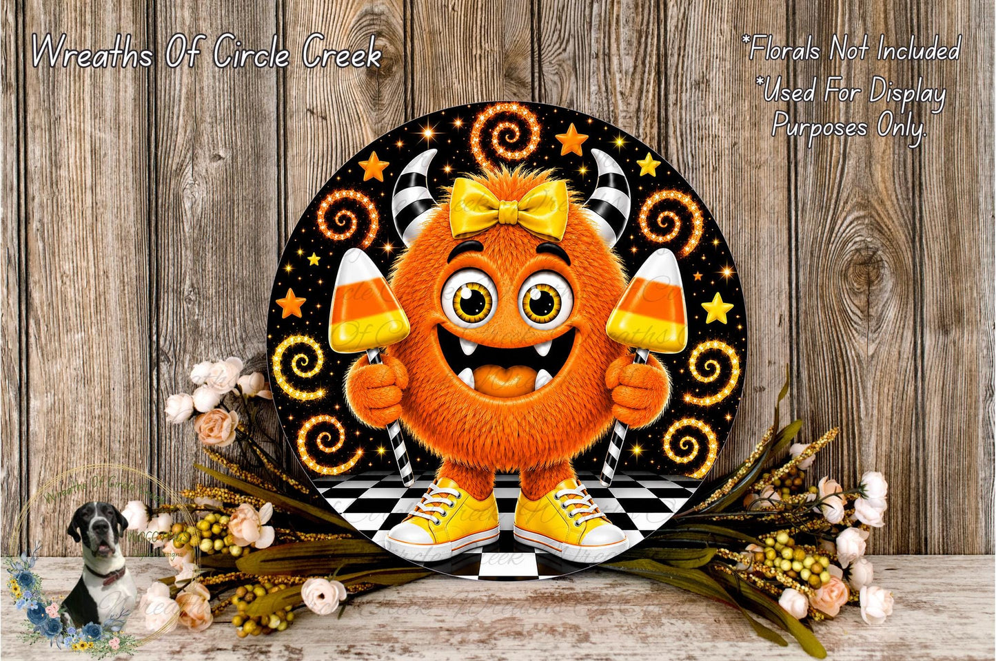 a whimsical, cartoonish monster character with horns and a bow, holding candy canes and surrounded by flowers and a checkered pattern.