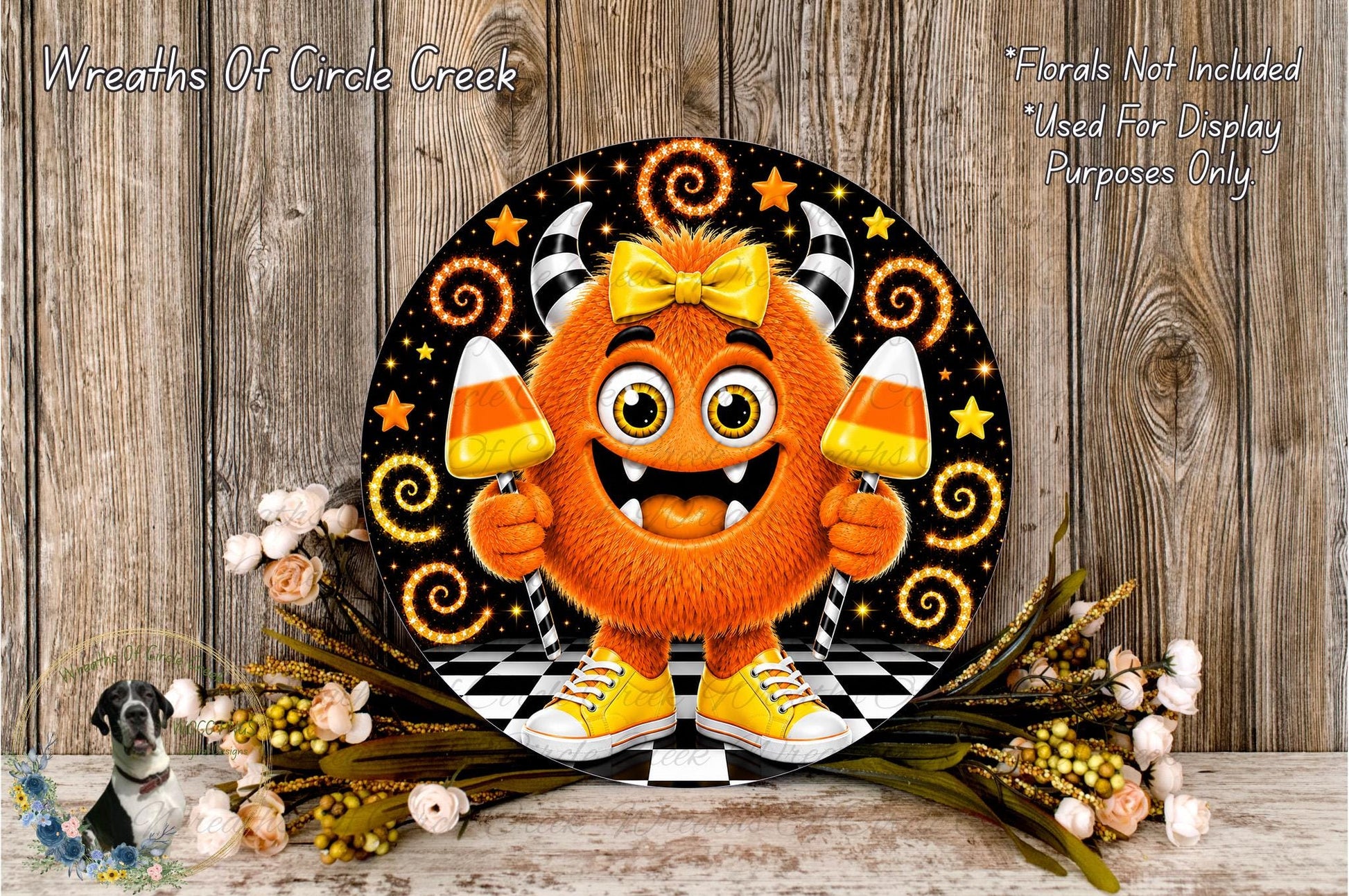 a whimsical, cartoonish monster character with horns and a bow, holding candy canes and surrounded by flowers and a checkered pattern.