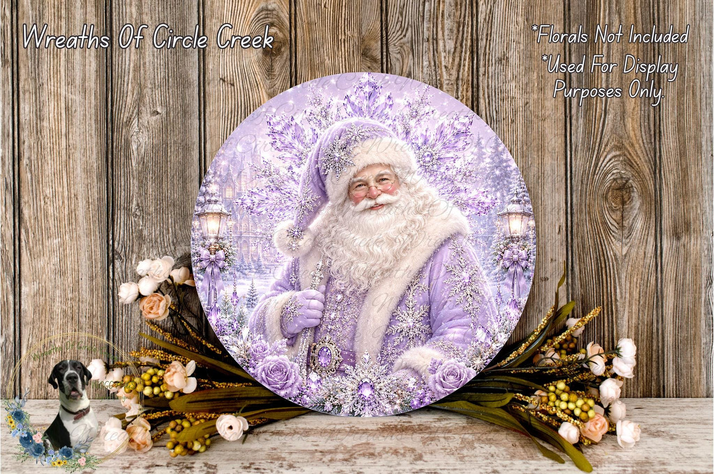 A round, decorative plate featuring a painting of Santa Claus surrounded by flowers and a snowy landscape.