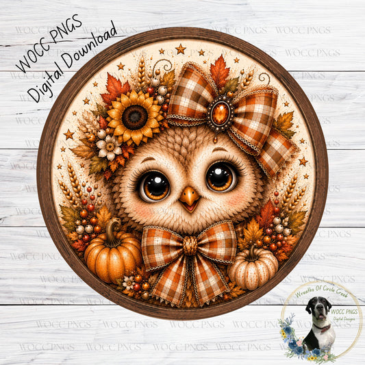 A digital illustration of an owl wearing a plaid bow and surrounded by autumn-themed elements such as sunflowers, pumpkins, and leaves.