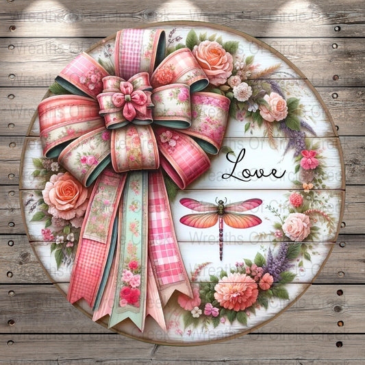 Floral Wreath for Front Door, Spring Decor Wall Hanging, Love Sign, Pink Ribbon, Butterfly Accent, Handcrafted Home Decoration