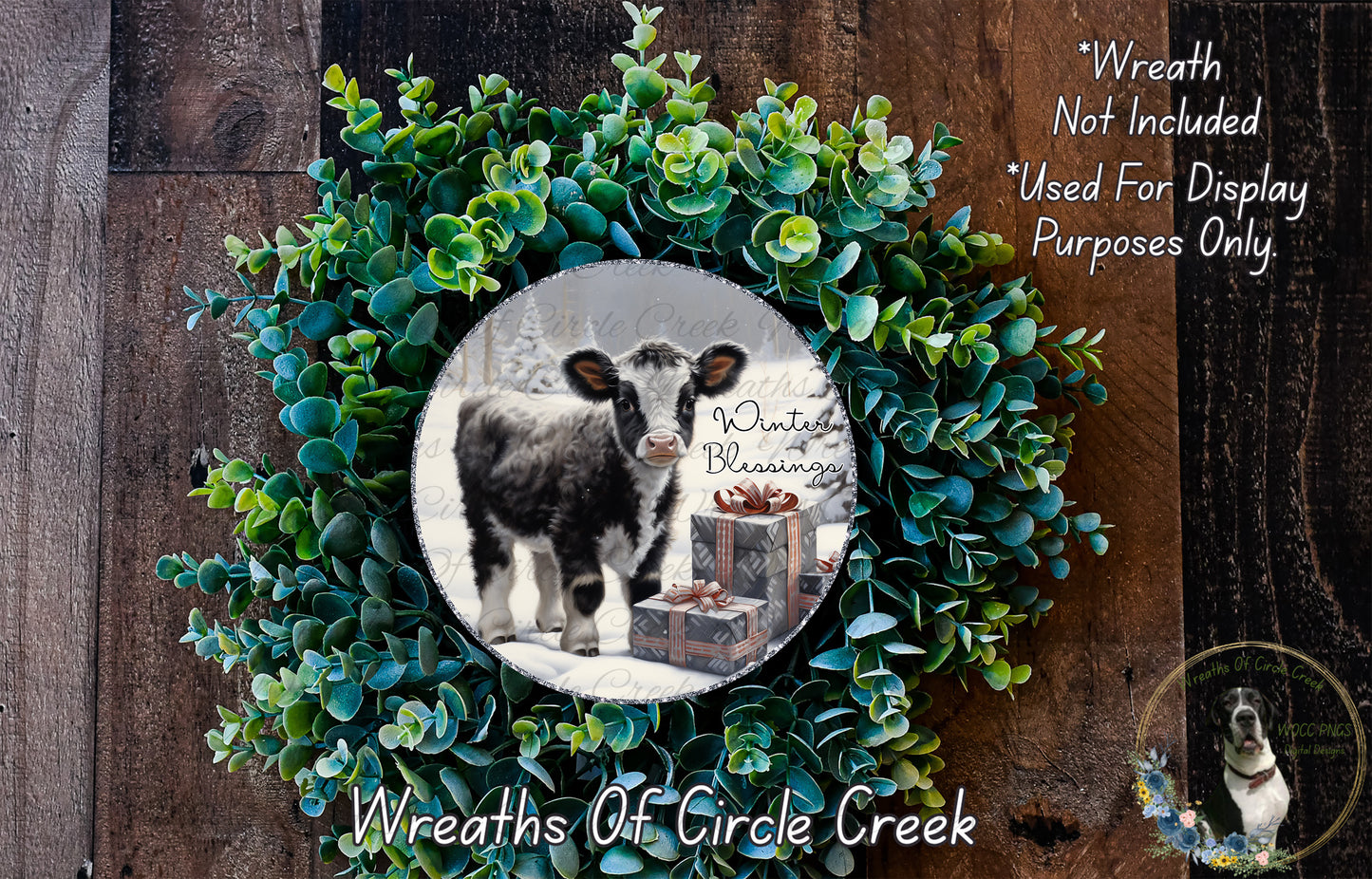 Winter Blessings Calf | Lightweight Round Metal Wreath Sign | No Holes in Sign | Farmhouse Christmas Decor