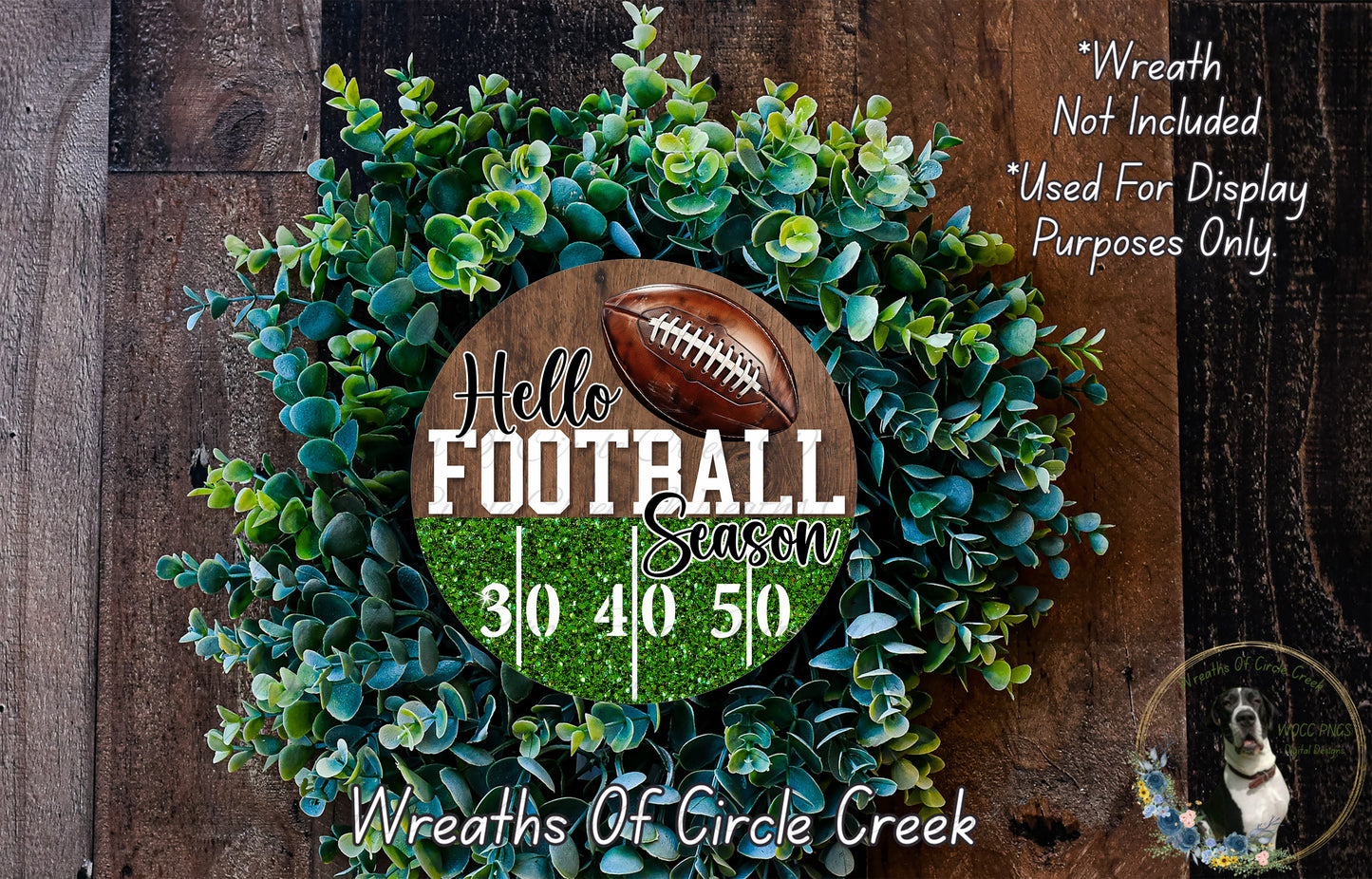 Hello Football Season Sign | Lightweight Round Metal Wreath Sign | No Holes in Sign | Glitter Football Field Decor