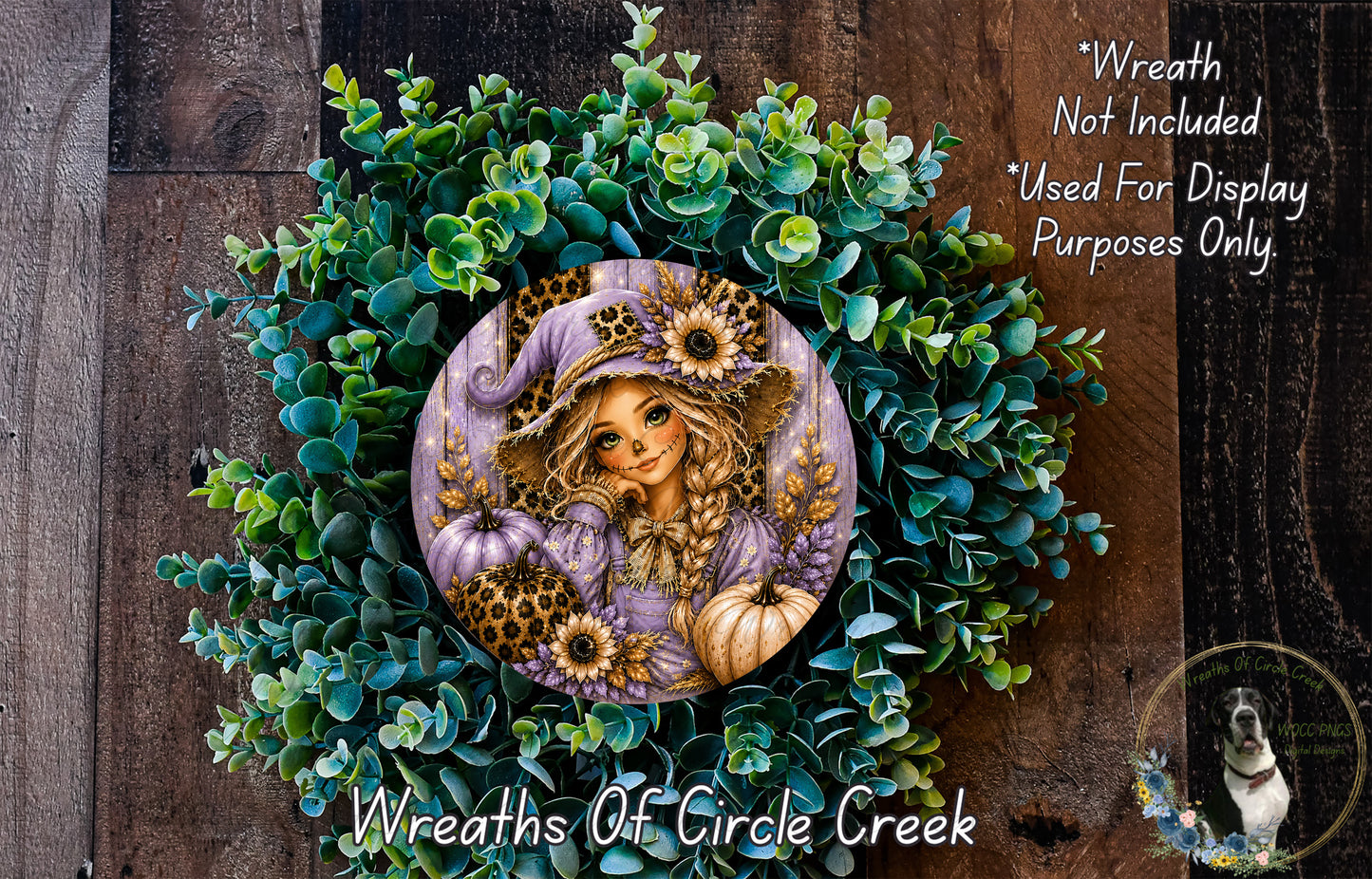 Purple Scarecrow Girl Round Aluminum Metal Wreath Sign, Leopard Pumpkins, Sunflower Fall Decor, Autumn Harvest, (Lightweight, No Holes)