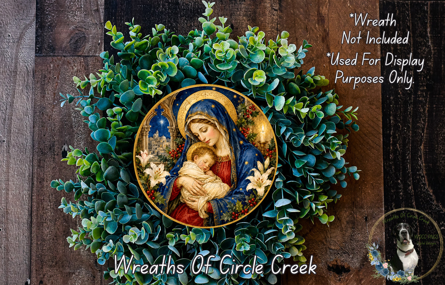 Mother Mary and Baby Jesus with Christmas Lilies Round Aluminum Metal Wreath Sign (Lightweight, No Holes)