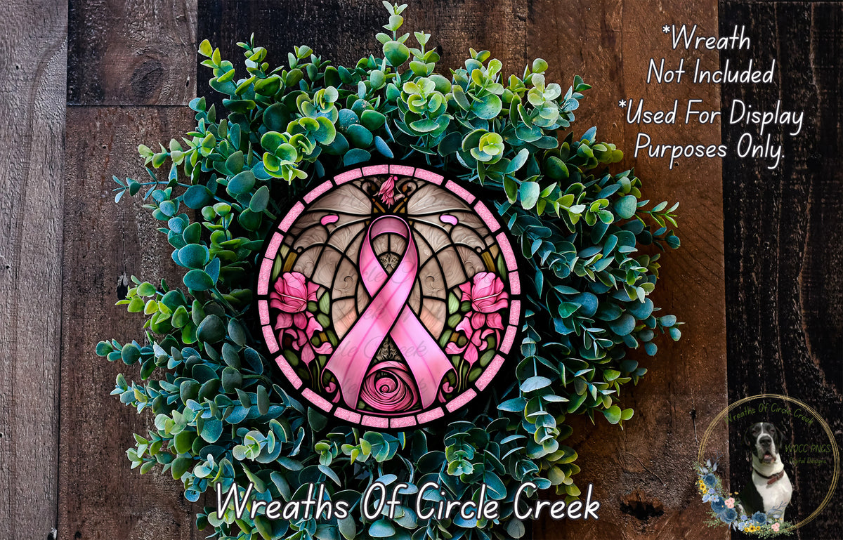 Breast Cancer Ribbon Faux Stained Glass Print Aluminum Metal Wreath Sign (Lightweight, No Holes)