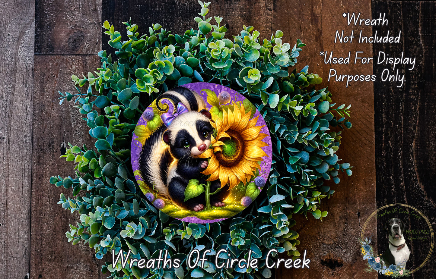 Cute Skunk Sunflower Purple Aluminum Metal Wreath Sign (Lightweight, No Holes)