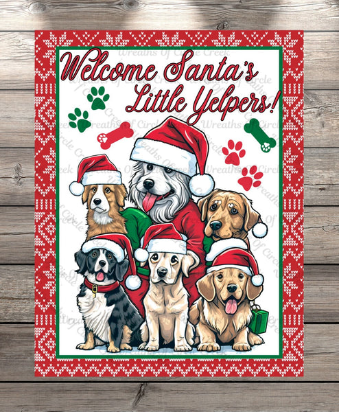 Welcome Santa's Little Helpers, Christmas Dogs, 9" x 7" Wreath Sign, Metal, Light Weight, No Holes