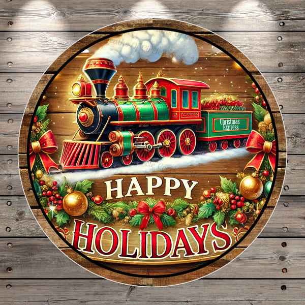 Christmas Train, Happy Holidays, Christmas Express, Green, Red, Faux Wood, Light Weight, Metal, Wreath Sign, No Holes In Sign