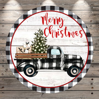 Merry Christmas Truck, Black and White, Plaid, Wreath Sign, No Holes, Round UV Coated, Metal