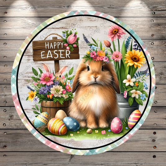 Happy Easter, Bunny, Spring, Tulips, Easter Eggs, Florals, Spring, Round Light Weight, Metal Wreath Sign, No Holes