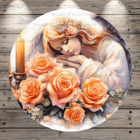 Sleeping Angel, Peach Roses, Victorian, Whimsical, Round, Light Weight, Metal Wreath Sign, No Holes, UV Coated