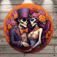 Skull Couple, Halloween, Wedding, Round UV Coated, Metal Sign, No Holes