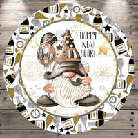 Happy New Year, Gnome, Wreath Sign, No Holes, Round UV Coated, Metal