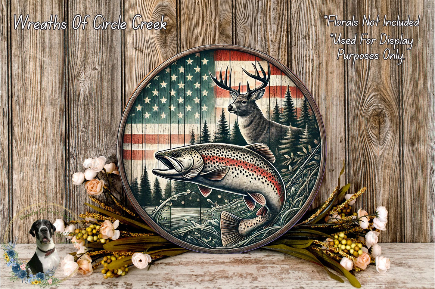 USA Deer Trout Design | Fishing, Hunting, Outdoor Decor | Lightweight Round Metal Wreath Sign | No Holes in Sign