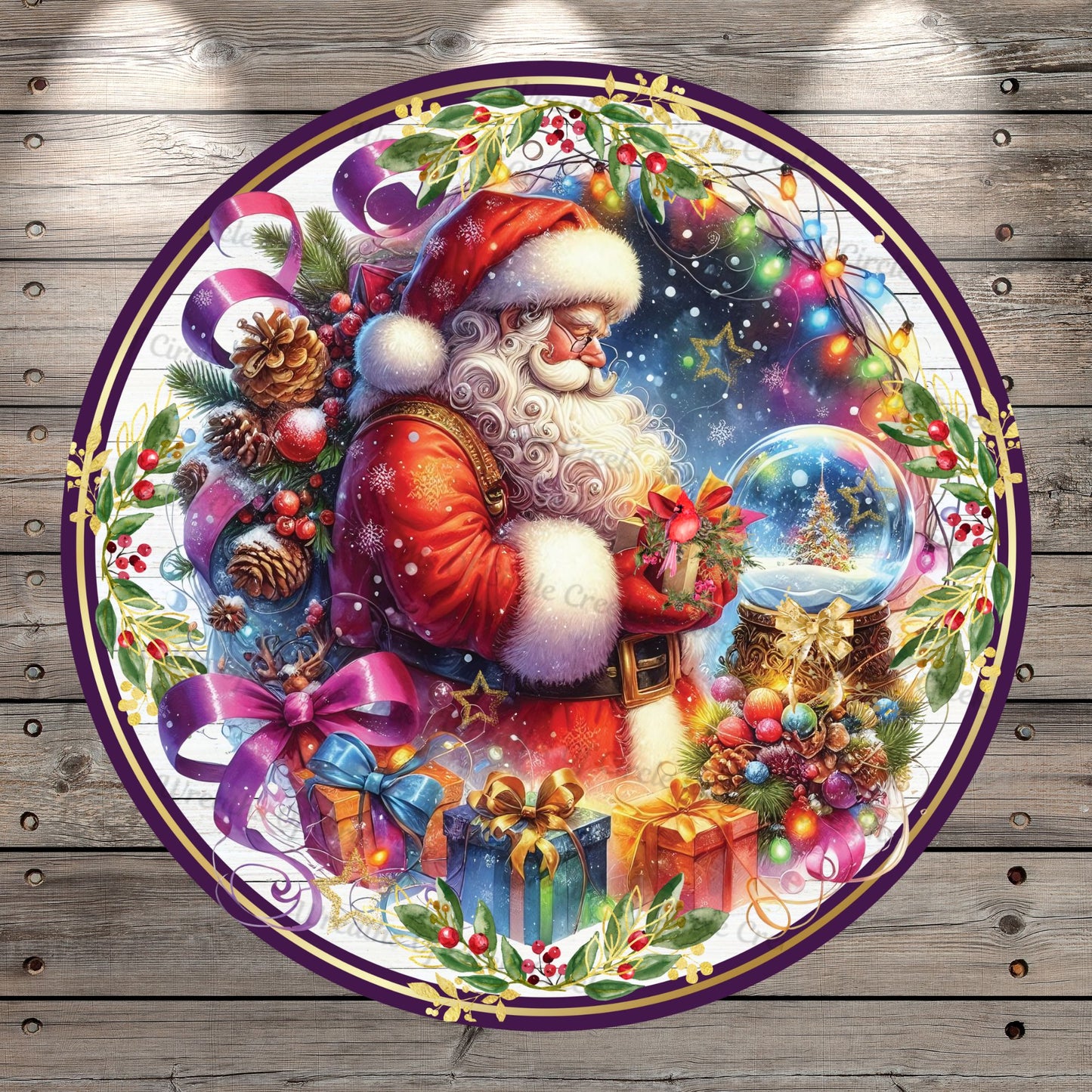 Whimsical, Santa, Magical, Merry Christmas, Santa Claus, Snow Globe, Multi Color, Lightweight, Round, Metal, Wreath Sign, No Holes In Sign