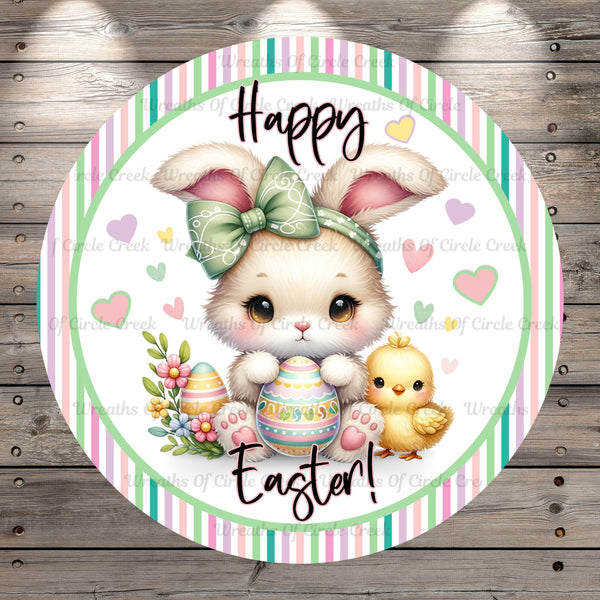 Happy Easter, Easter Bunny and Yellow Chick, Easter Eggs, Hearts, Round Light Weight, Metal Wreath Sign, No Holes