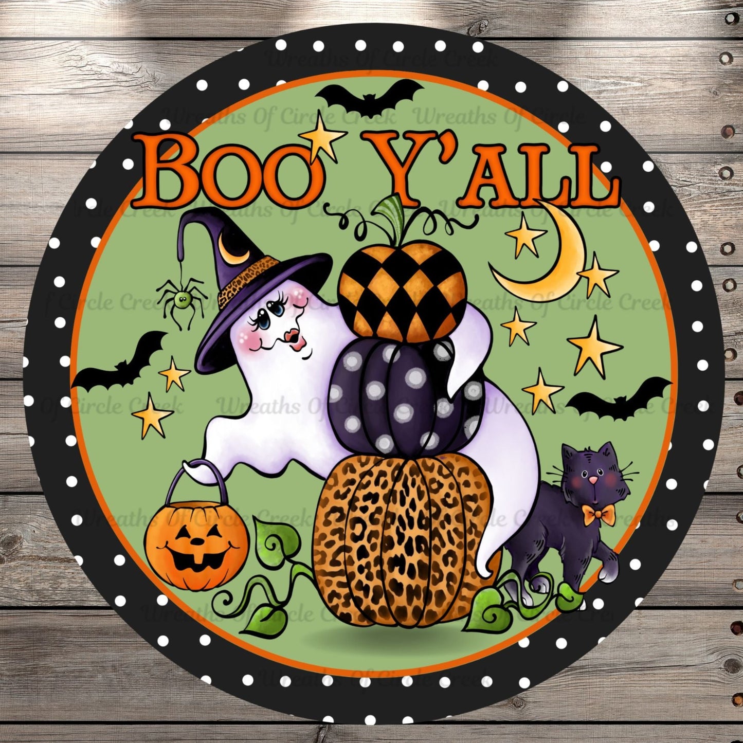 Boo Y'all Ghost, Polka Dot, Border, Round UV Coated, Metal Sign, No Holes