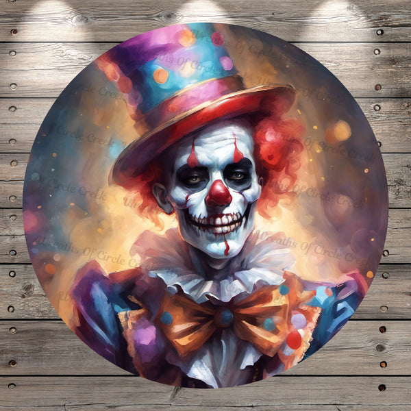 Clown With Top Hat, Halloween, Scary, Light Weight, Metal, Wreath Sign, No Holes In Sign