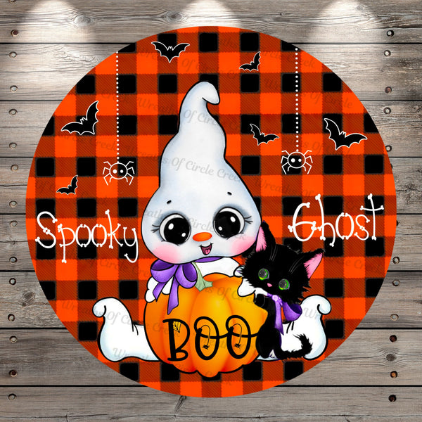 Ghost With Pumpkin, Spooky Ghost, Boo, Black Cat, Orange, Black Plaid, Round UV Coated, Metal, Light Weight, Wreath Sign, No Holes In Sign