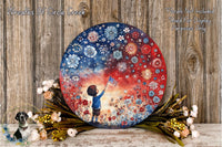 a circular painting of a young boy holding an American flag, surrounded by a vibrant floral arrangement and a wooden background.
