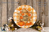 a round wooden sign with a pumpkin, a teapot, and autumn leaves, along with the text "Hello Fall". The sign is surrounded by a wreath of flowers and a pie, creating a festive autumn scene.