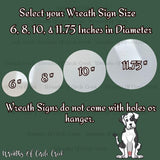 a picture of a dog with a sign that says, select your weather sign size