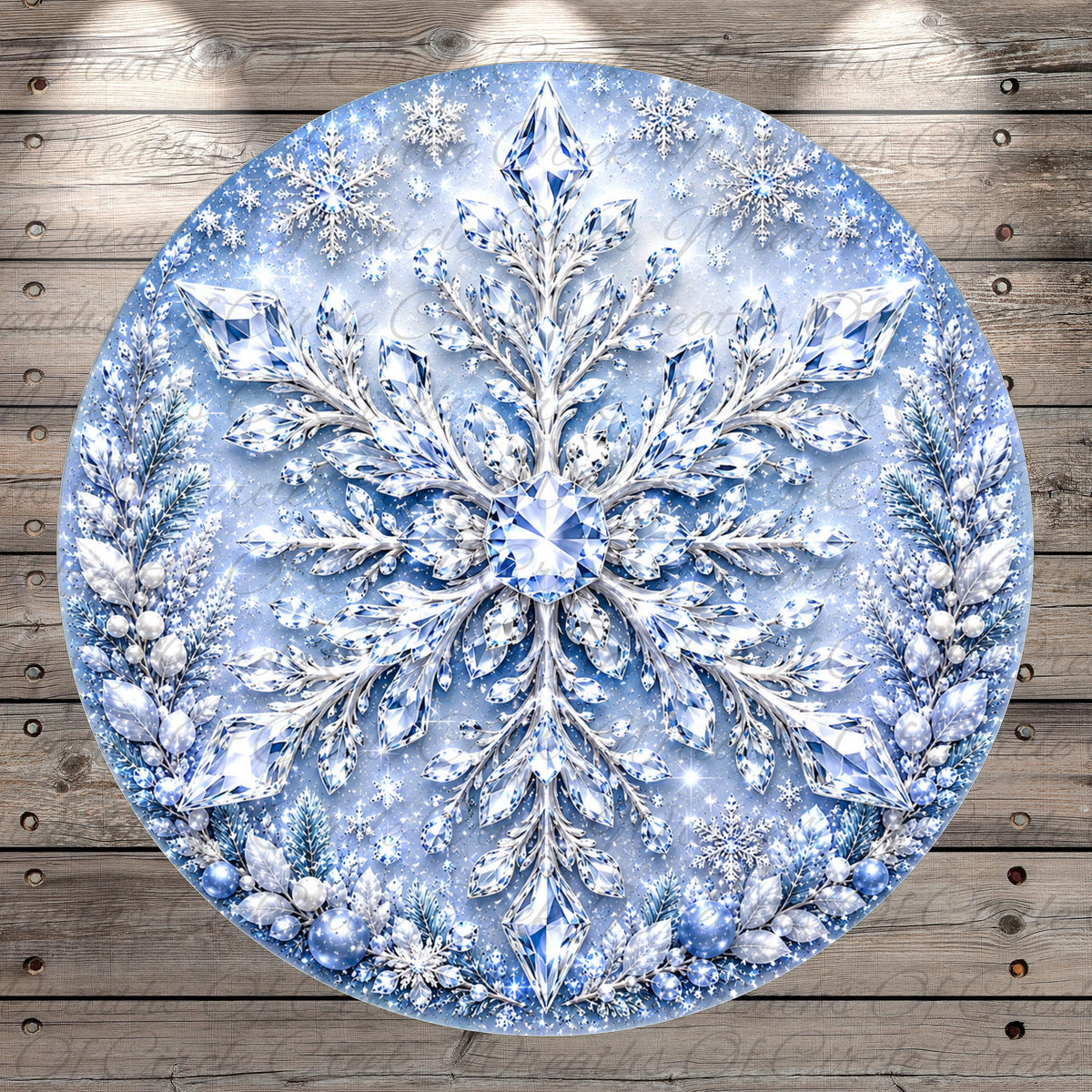 A large, ornate snowflake design with intricate details and sparkling crystal elements, set against a wooden background.