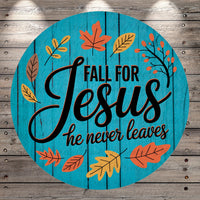 The image is a circular graphic with a blue background and a message about falling for Jesus.