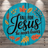 The image is a circular graphic with a blue background and a message about falling for Jesus.