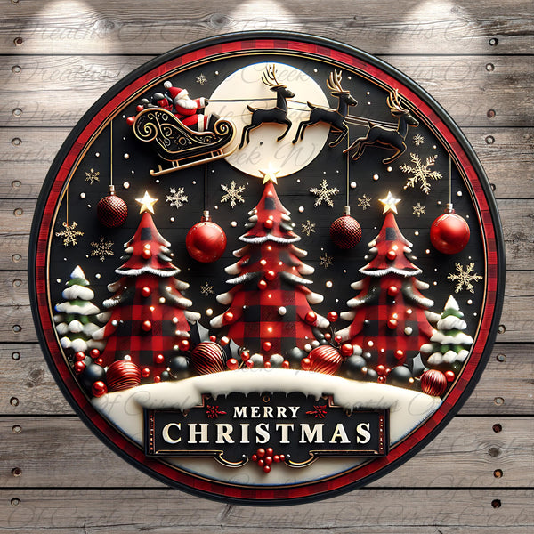 A festive Christmas scene with a Santa Claus sleigh flying over a snowy landscape, decorated Christmas trees, and a full moon. The text "MERRY CHRISTMAS" is displayed prominently in the center of the image.