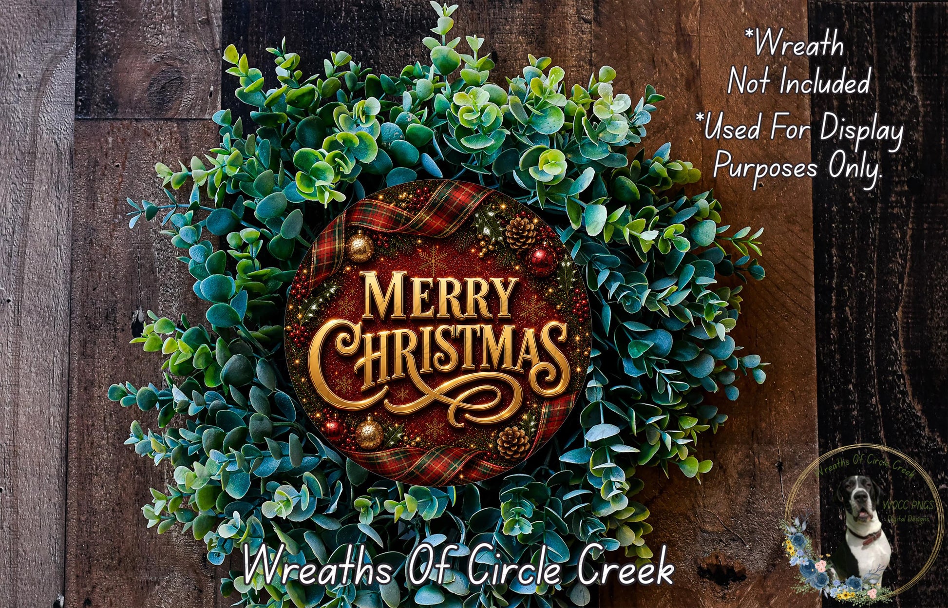 A festive Christmas wreath made of evergreen branches and a red and gold plaid banner with the text "Merry Christmas" displayed prominently in the center.