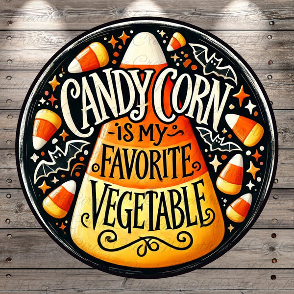 a decorative sign with a candy corn design and text that reads "CANDY CORN is my favorite vegetable".