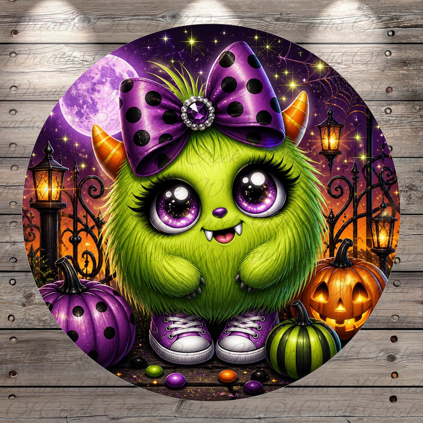A whimsical digital illustration featuring a large, green monster with a purple bow on its head, surrounded by Halloween-themed elements such as pumpkins, a jack-o-lantern, and a full moon.