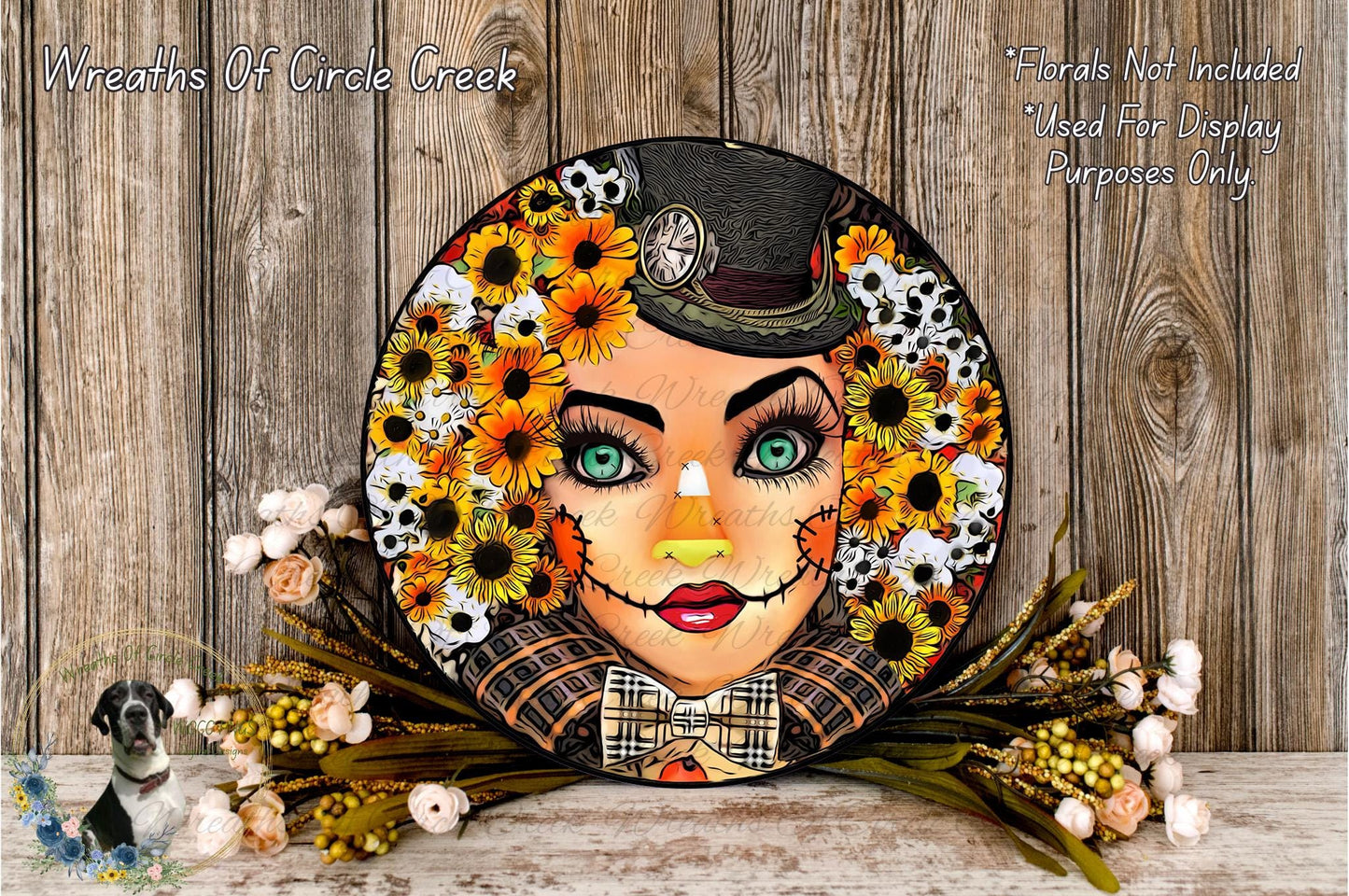 Sunflower Scarecrow Girl Sign | Lightweight Metal Wreath Sign | Fall Floral Wreath Decor | No Holes in Sign