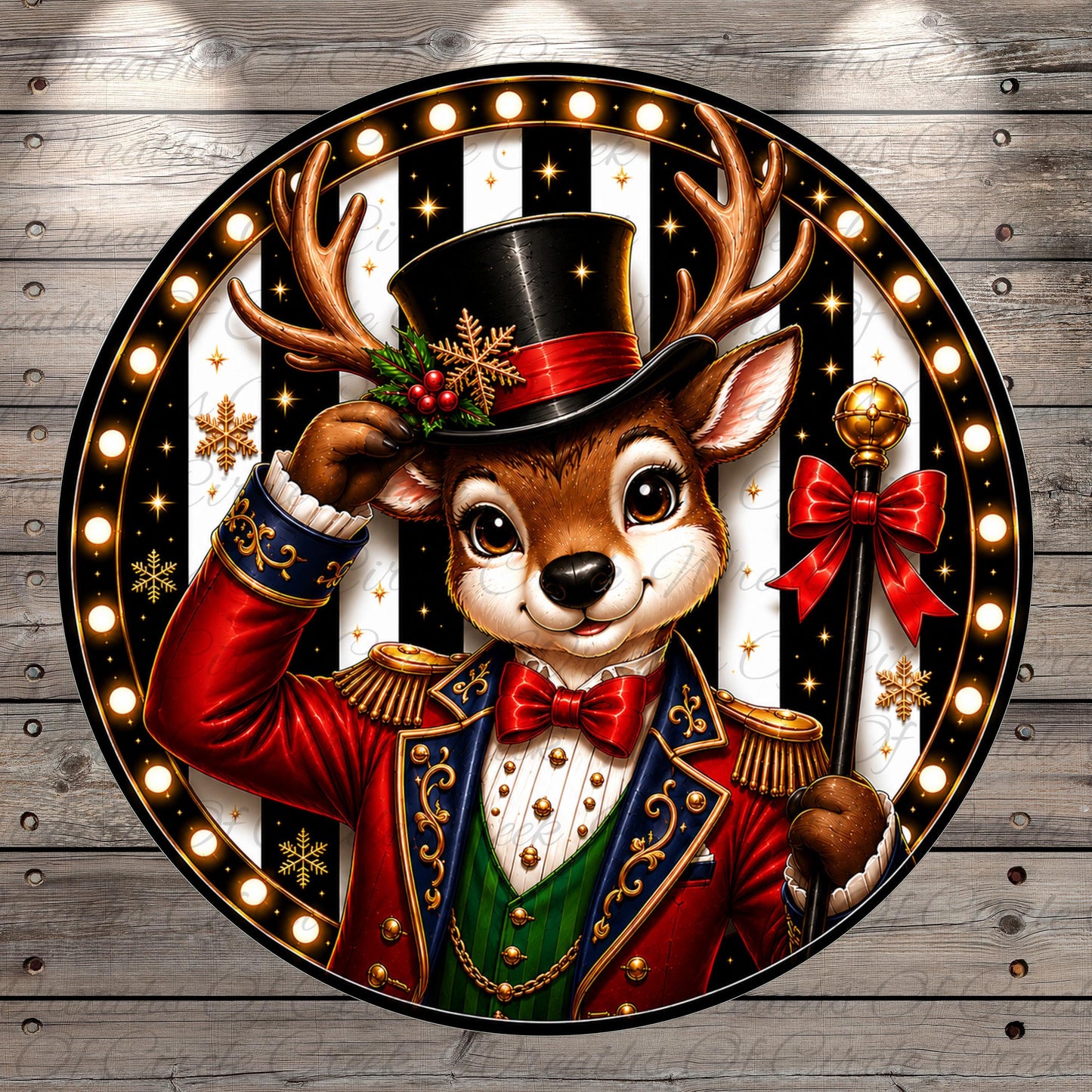 A whimsical illustration of a deer dressed in a top hat and coat, with antlers and a bow tie, surrounded by festive holiday elements such as snowflakes and a bell.