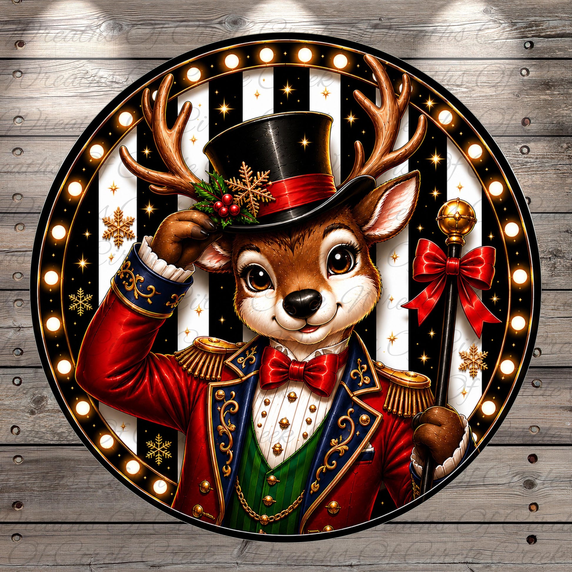 A whimsical illustration of a deer dressed in a top hat and coat, with antlers and a bow tie, surrounded by festive holiday elements such as snowflakes and a bell.