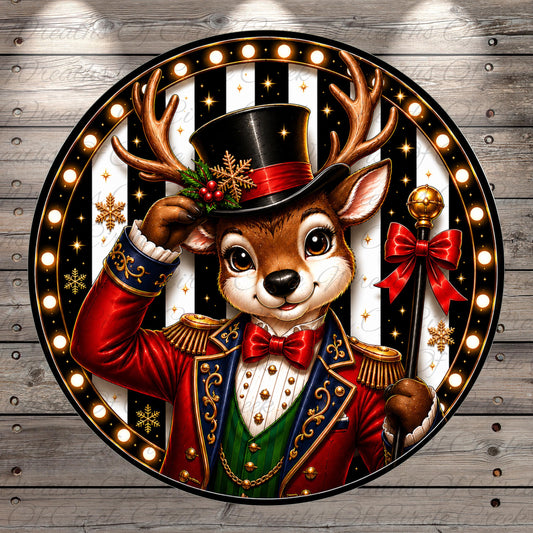 A whimsical illustration of a deer dressed in a top hat and coat, with antlers and a bow tie, surrounded by festive holiday elements such as snowflakes and a bell.