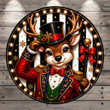 A whimsical illustration of a deer dressed in a top hat and coat, with antlers and a bow tie, surrounded by festive holiday elements such as snowflakes and a bell.
