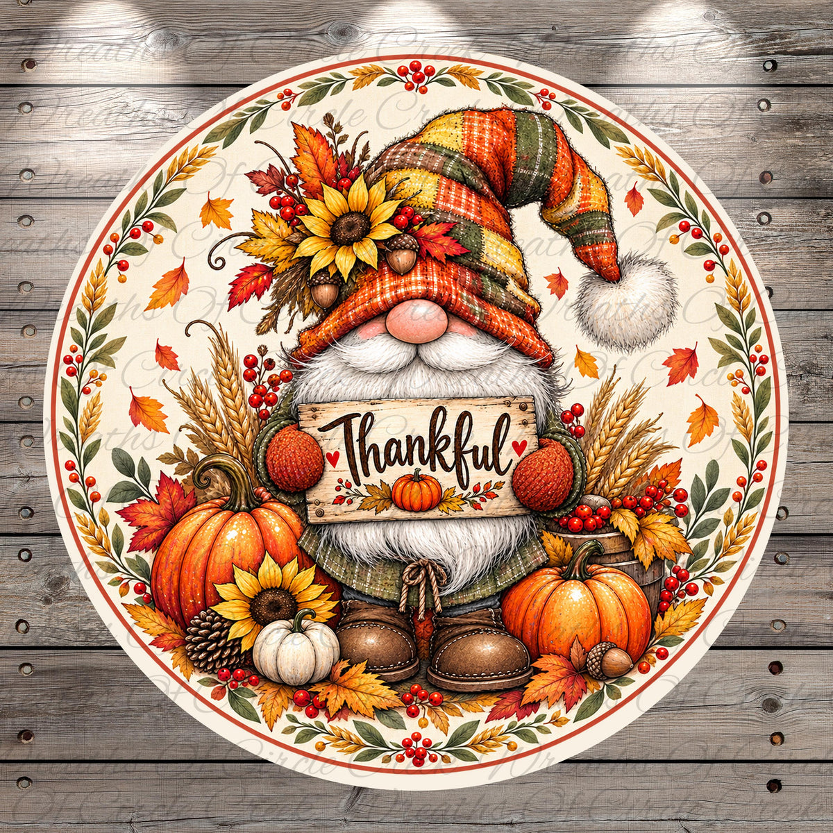 A decorative plate featuring a gnome holding a "Thankful" sign, surrounded by autumn elements such as sunflowers, pumpkins, and leaves.