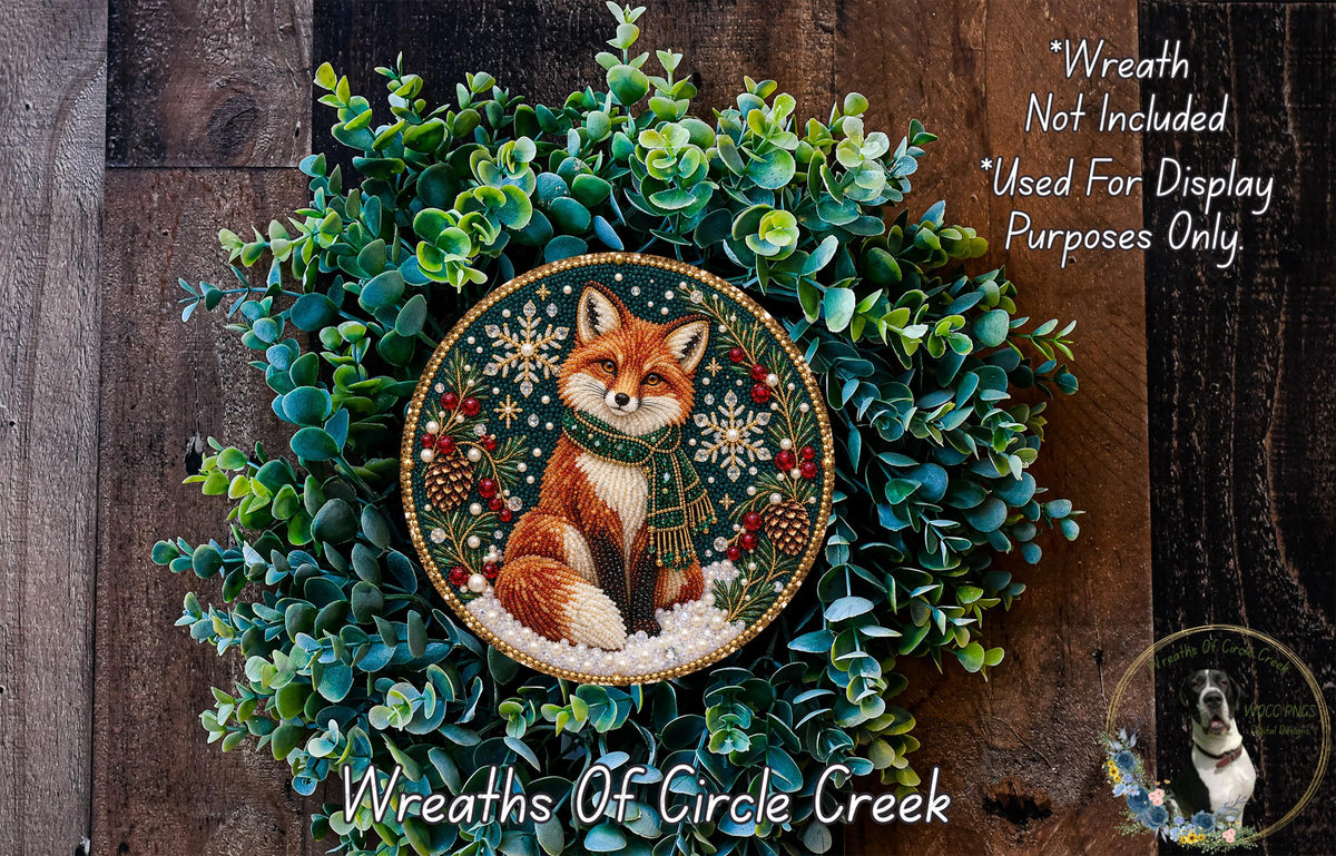 A wreath made of green leaves and a red fox, with a text overlay that reads "Wreath Not Included * Used For Display Purposes Only" and "Wreaths of Circle Creek".