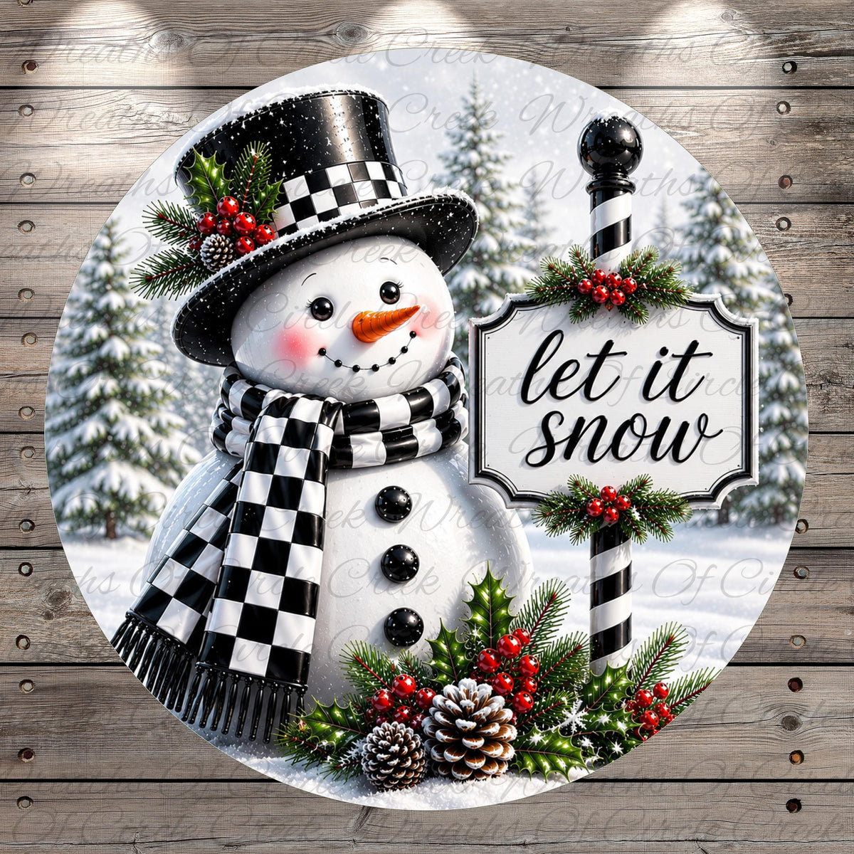 A snowman wearing a black and white top hat and scarf, with a sign that says "let it snow", surrounded by pine trees and holiday decorations.