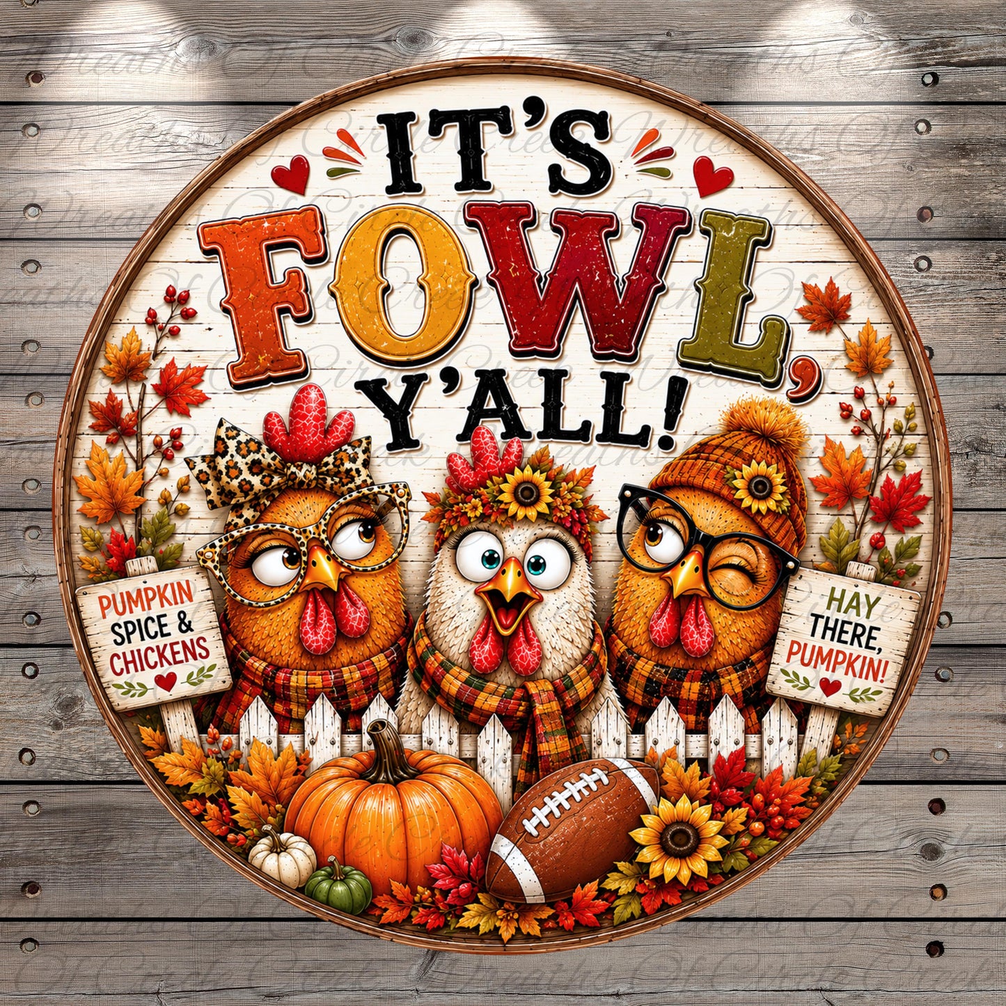 A decorative sign featuring three cartoon chickens wearing glasses and hats, surrounded by autumn elements such as pumpkins, leaves, and a football. The sign has the text "It's Fowl Y'all!" and includes phrases like "Pumpkin Spice & Chickens" and "Hay There Pumpkin!"