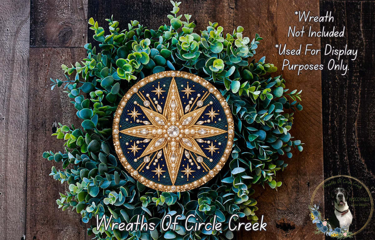 A decorative wreath made of green leaves and a large star-shaped ornament, with a text overlay that reads "Wreath Not Included * Used For Display Purposes Only" and "Wreaths Of Circle Creek".