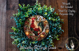 a wreath with a rooster and pine cones, surrounded by greenery. The wreath is displayed on a wooden surface, and there is a text overlay that reads "Wreath Not Included * Used For Display Purposes Only".