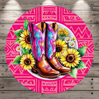 Colorful Cowboy Boots and Sunflowers Print, Western Style Wall Art, Boho Decor, Vibrant Pink Background, Rustic Home Decoration